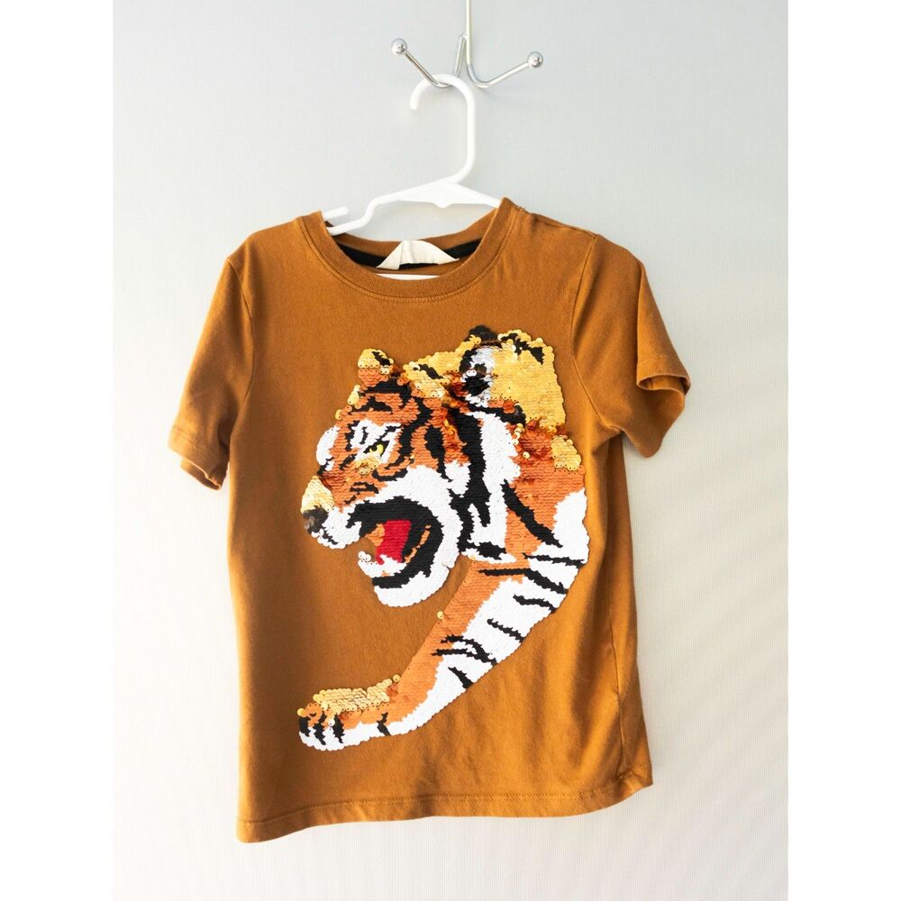 H&M Brown Sequin Tiger Graphic Tee 5T